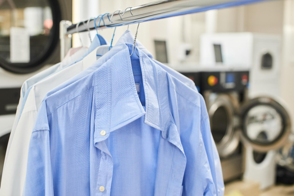 A row of freshly laundered dress shirts on hangers in a dry cleaning facility, with washing machines in the background.