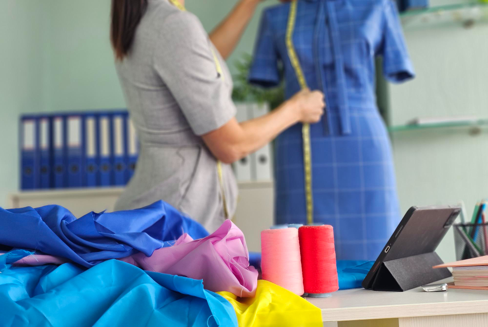 A person measures a blue dress on a mannequin with a tape measure; fabric, thread spools, and a tablet are on a nearby table.