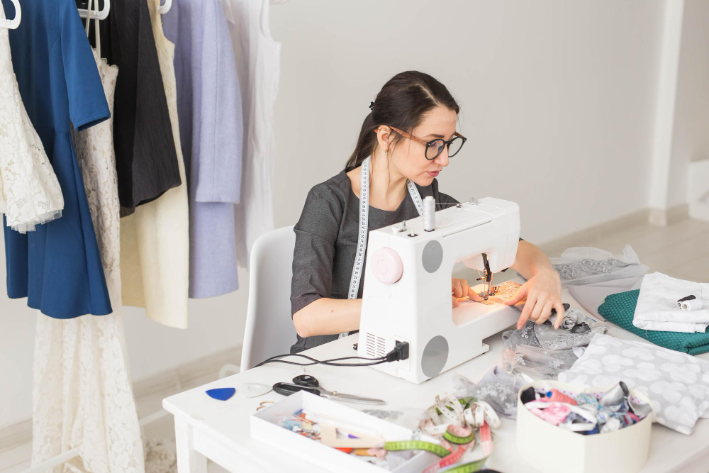 A woman sits at a desk using a sewing machine, surrounded by fabric, scissors, and clothing items hanging on a rack in a well-lit room.