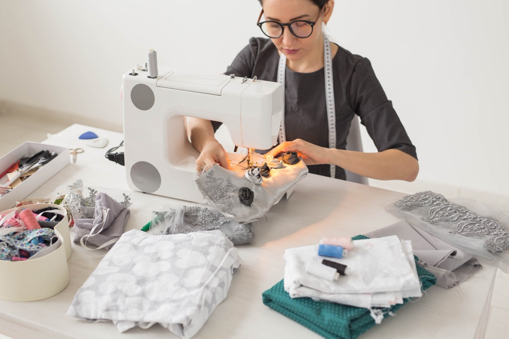 A person uses a sewing machine at a table covered with fabric pieces, lace, thread, and sewing supplies.