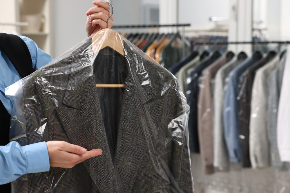 A person holds a plaid blazer on a hanger covered in plastic at a dry cleaner, with other jackets on hangers in the background.