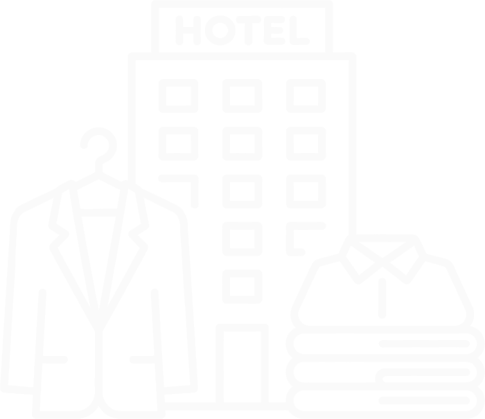 Line drawing of a building with a "Hotel" sign, a suit jacket on a hanger to the left, and folded clothes to the right, suggesting hotel laundry or dry cleaning services.