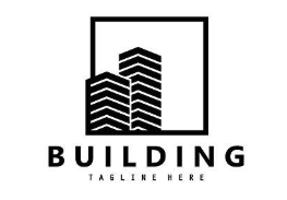 Black and white logo featuring two stylized high-rise buildings inside a square frame, with the word "BUILDING" and "TAGLINE HERE" written below.